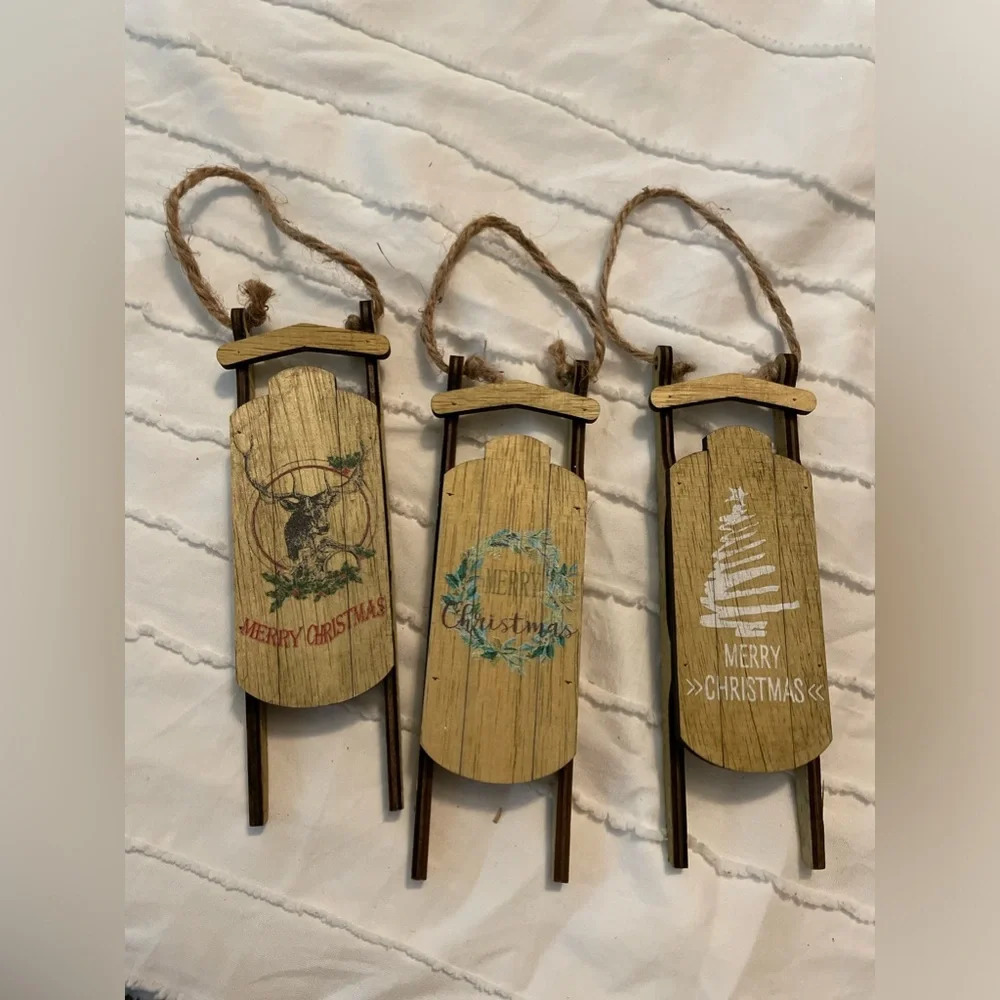 At Home wood sleigh Christmas ornaments bundle of 3